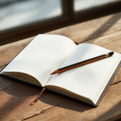 Open notebook with blank pages and a pencil resting on top, placed on a wooden table, illuminated by natural sunlight, creating a warm and inviting workspace atmosphere