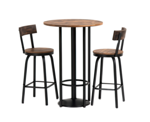 A rustic, round bistro table set with two matching stools.  The table and chairs have a light wood top and black metal legs