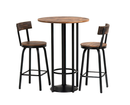 A rustic, round bistro table set with two matching stools.  The table and chairs have a light wood top and black metal legs