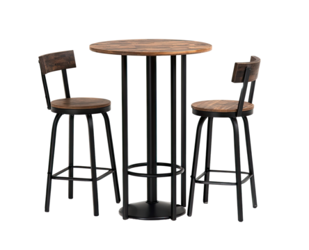 A rustic, round bistro table set with two matching stools.  The table and chairs have a light wood top and black metal legs