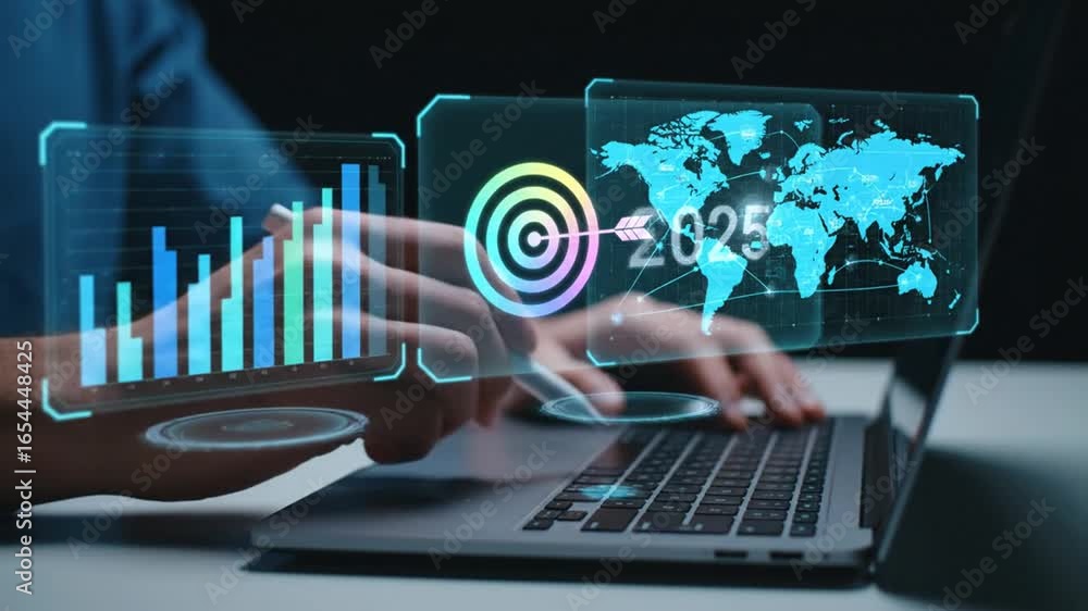 Poster man using laptop with holographic data charts and global map on white table