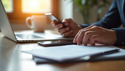 Businessman uses smartphone, tablet for business planning. Laptop, coffee mug on wooden desk. Focus on hands typing, managing digital documents. Represents modern office work, finance, investment,