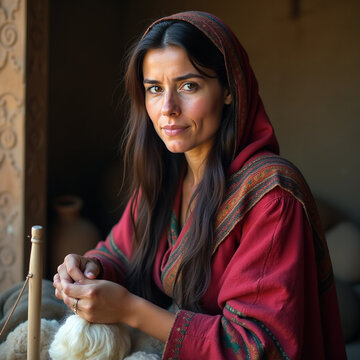 realistic photography of parthian woman spinning wool authentic traditional craft textile art cultural heritage scenic portrait ideal for scrapbooking digital art projects historical documentation
