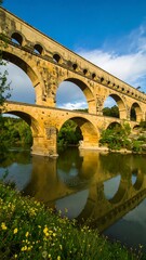 Fototapeta premium Ancient stone bridge reflecting on calm water