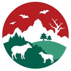 Stylized wildlife scene with mountains and bats