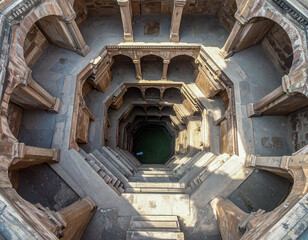 A highly detailed, high-quality 4K photograph of an ancient stepwell in India. The image captures the intricate, symmetrical architecture and stone steps leading to a small pool of water at the bottom