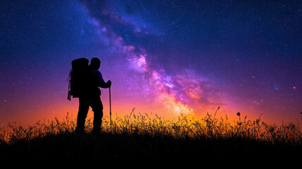 Fototapeta premium Hiker under the Milky Way at night