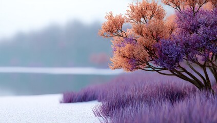 Serene lakeside scene with purple grass and uniquely colored tree