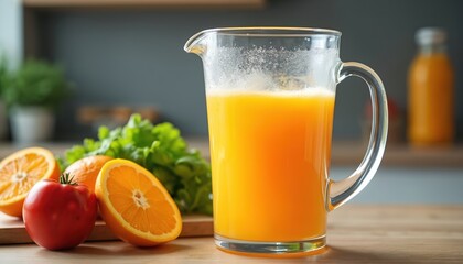 Fototapeta premium Fresh orange juice fills clear pitcher next to sliced oranges, tomato on wooden counter. Bottle of orange juice sits in blurred background, suggesting healthy kitchen preparation for breakfast brunch.