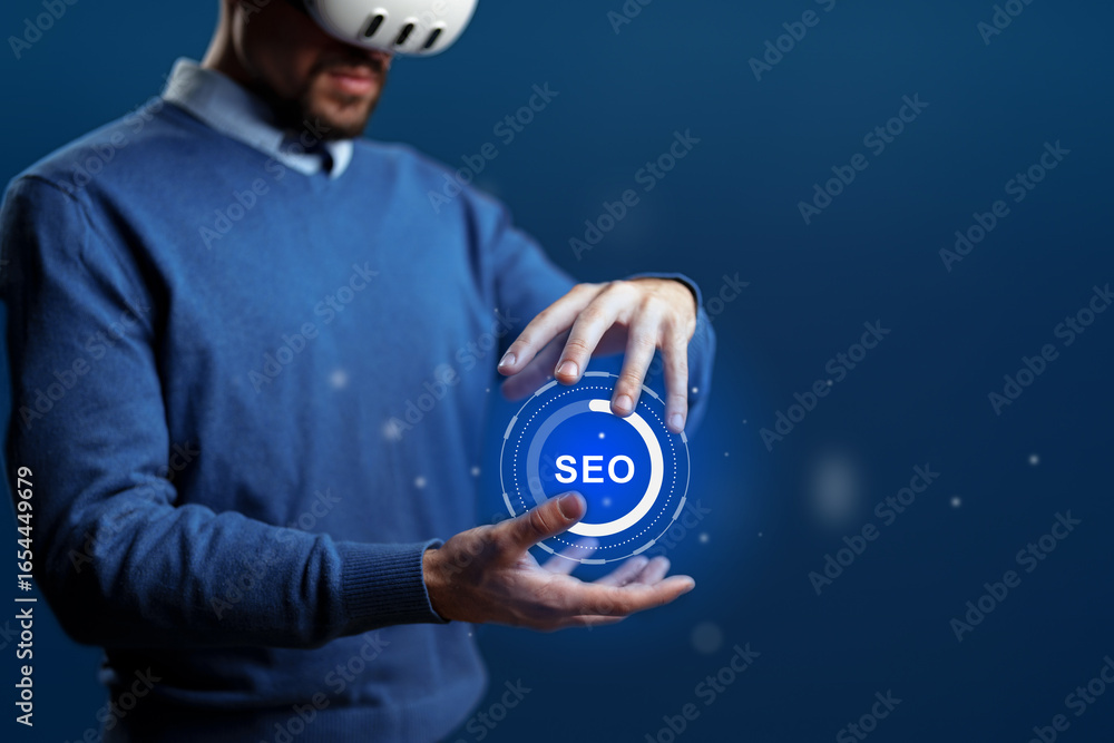 Poster virtual reality expert demonstrates seo optimization techniques with holographic display at a tech c