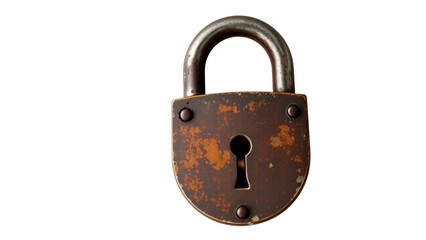 Rustic vintage padlock with weathered metal texture, isolated on transparent background, retro security symbol.