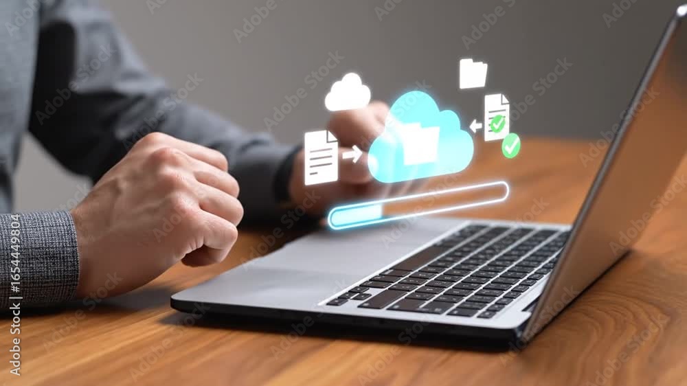 Poster person using laptop for cloud computing and data uploading on wooden table with digital icons