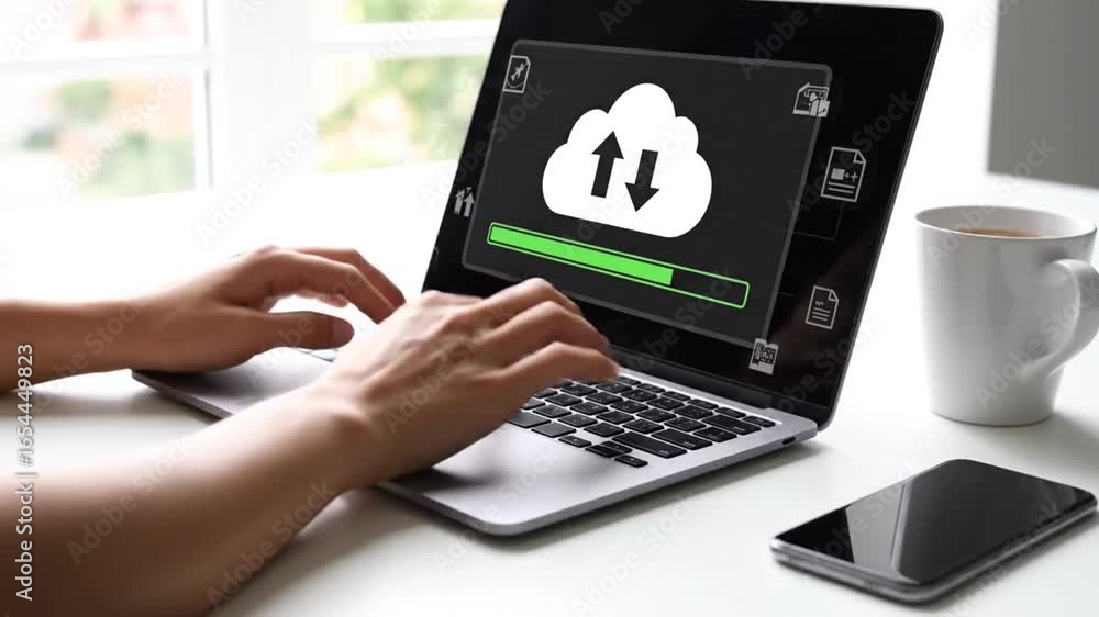 Poster person using laptop with cloud upload symbol on screen near window