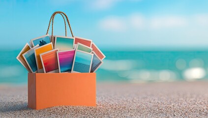 Shopping bag overflowing with colorful pictures on sandy beach with ocean view