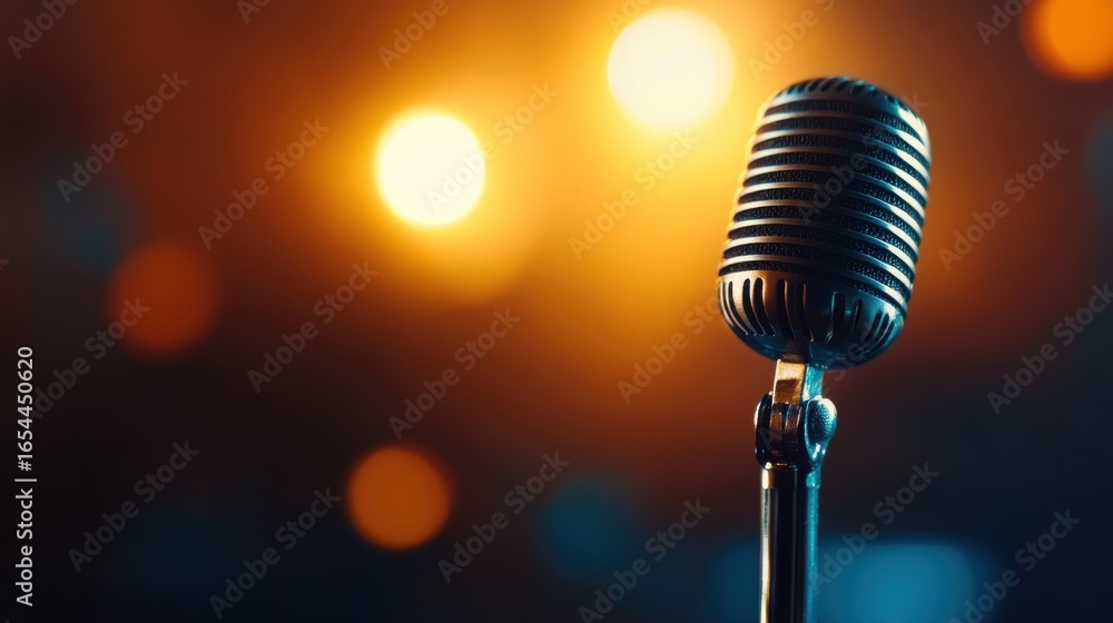 Poster classic retro microphone on stage with warm bokeh lights in background