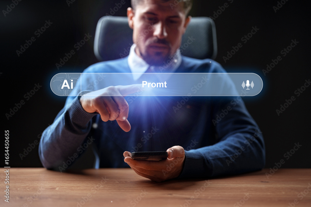 Poster man engages with mobile device, exploring artificial intelligence capabilities for creative prompts 