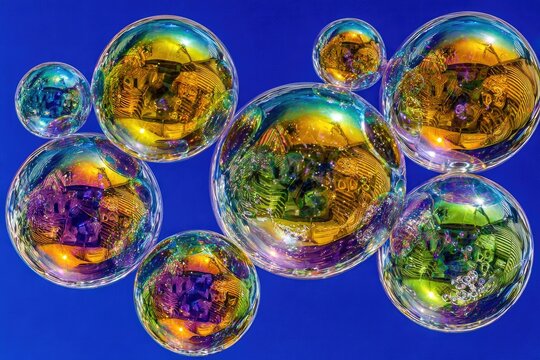 Colorful soap bubbles, iridescent reflections against a vibrant blue sky