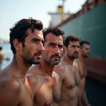 Realistic Photography of Phoenician Group Loading Ship from Lebanon Vintage Historical Scene Perfect for Scrapbooking Educational Material Cultural Projects and Video Game Development