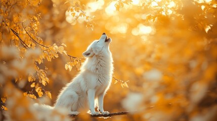 Majestic white wolf howling on a tree branch in autumn forest, full body wildlife photography capturing powerful animal in natural habitat with vibrant fall foliage, perfect for backgrounds, banners, 
