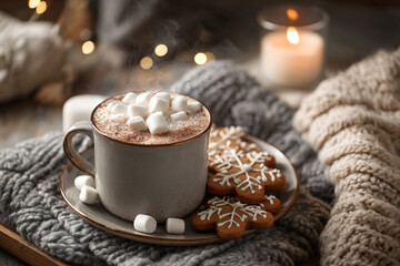 A cozy winter breakfast scene with a steaming mug of hot cocoa topped with marshmallows, plate of gingerbread cookies