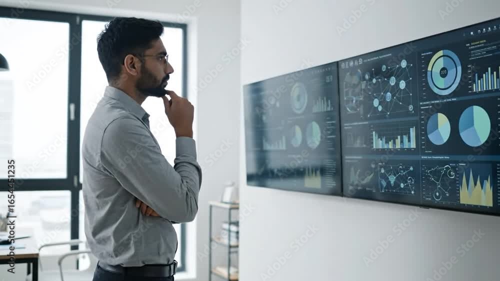 Poster thoughtful man analyzing data on multiple screens with graphs in modern office