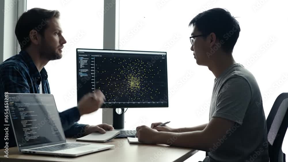 Poster two men analyzing data on computer screen and laptop in modern office setting
