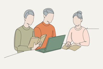 Colored Students are members of the computer science club. Academic clubs concept one-line drawing