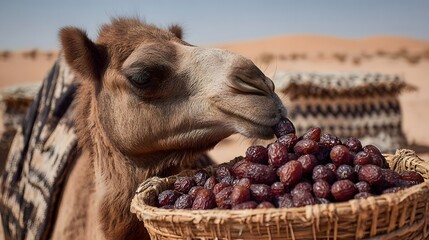 Camel enjoying a basket of fresh dates in a desert landscape with sand dunes in the background