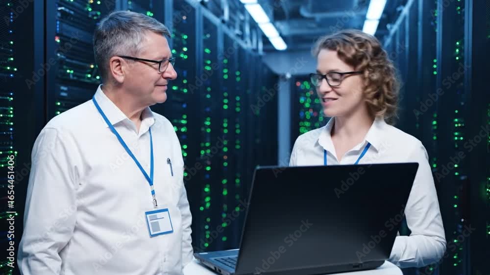 Poster two system engineers inspecting data servers in a data center with blue light