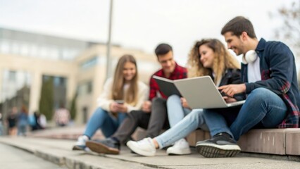 Fototapeta premium Group of young adults sitting together with laptops and tablets — sharing ideas and teamwork