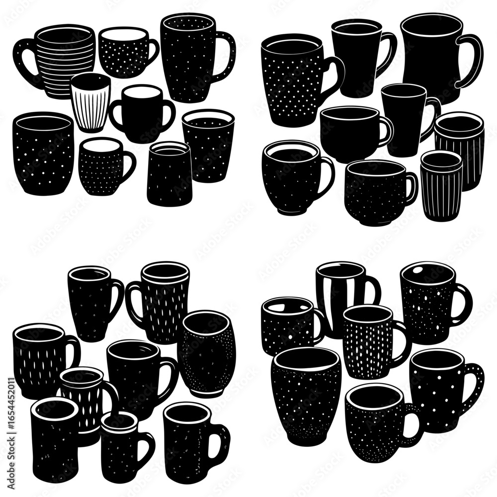 Poster collection of assorted black and white mugs with varying shapes and sizes arranged in four distinct 