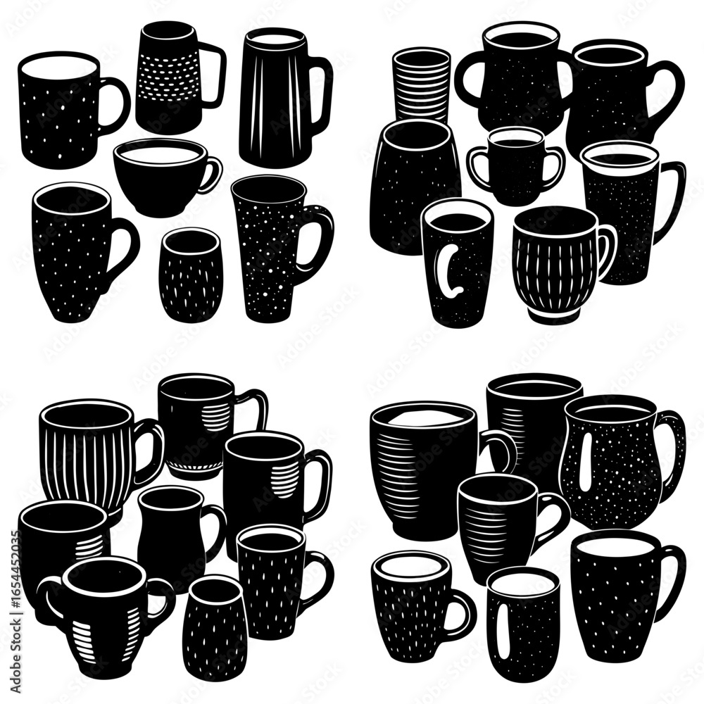 Aufkleber collection of various black and white mugs and cups with different shapes and sizes arranged in grou
