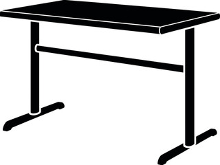 A simple black and white illustration of a rectangular table with a support bar connecting the legs