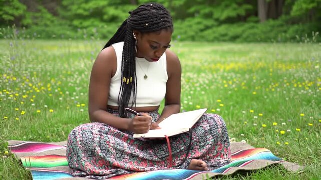 Young Black Woman Writing in Journal in Green Field with Wildflowers