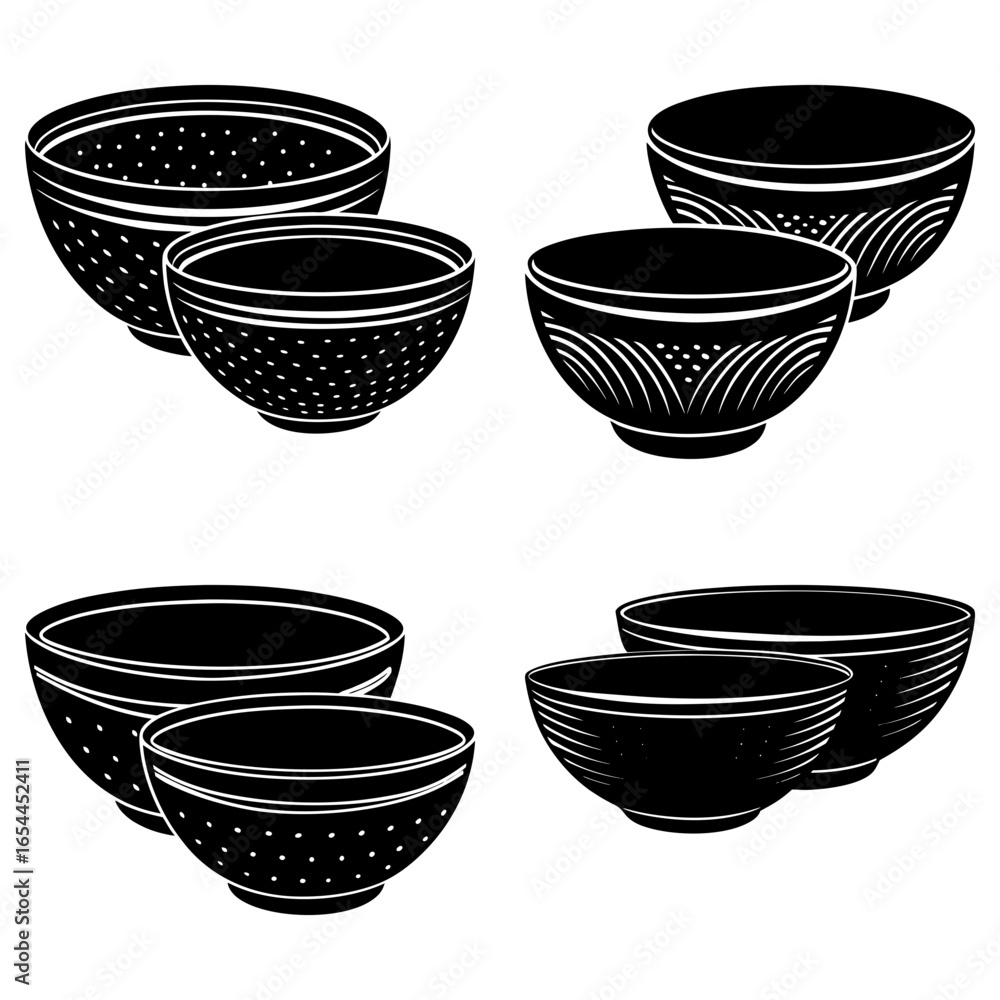 Poster illustration of four pairs of bowls with various patterns and designs in black and white color schem