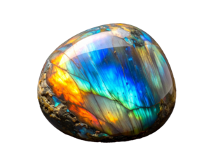 A polished labradorite stone against a white background. The stone's surface shimmers with all the colors of the rainbow: from blue and light blue to orange and green hues. This effect, known as iride
