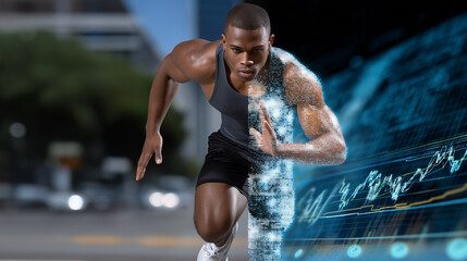 Athlete Running with Digital Chart Overlay for Performance Analysis