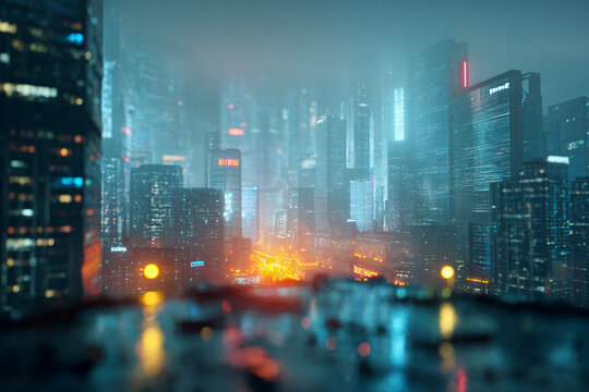 Rooftop view over a modern Asian metropolis, glowing neon lights reflecting on wet surfaces after rain, atmospheric cinematic mood