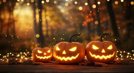 Glowing Halloween Orange Pumpkins with Carved Faces on Wooden Table in Autumn Forest