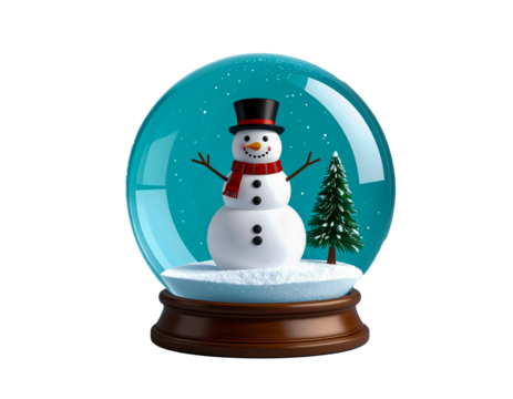 A classic snow globe with a cute snowman and a small Christmas tree inside. The snowman wears a black top hat and a red scarf, and the glass globe has a slightly bluish tint. The globe sits on a woode