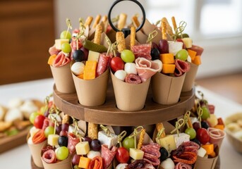 Photo of elegant tiered charcuterie board with assorted cheeses, cured meats, fruits, and crackers, perfect for entertaining guests at parties and gatherings