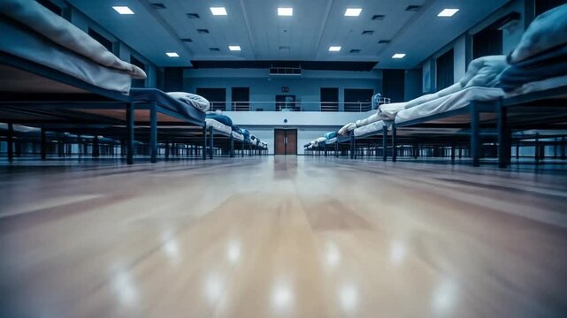 Long rows of beds in a large, dimly lit dormitory or temporary shelter, viewed from a low perspective.