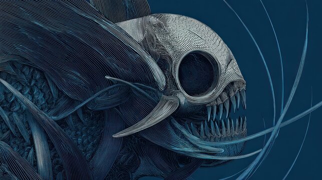 Stylized fish rendering; skeletal head, fin details on blue backdrop