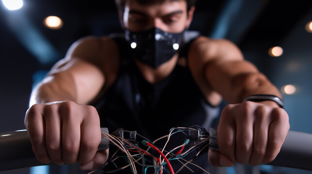 Athlete gripping treadmill bars with visible veins and mask