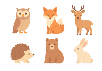 Obraz premium Cute Forest Animals Owl, Fox, Deer, Hedgehog, Bear, Rabbit icons