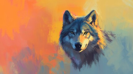 Majestic wolf portrait digital painting featuring detailed fur texture and fierce eyes on a vibrant colorful abstract background, artistic wildlife illustration perfect for animal art, fantasy design,