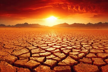 Scorching sun sets over cracked earth