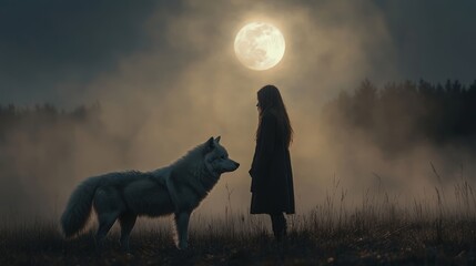 Mystical woman standing beside a white wolf under the moonlight in a dark forest, enchanting nighttime scene symbolizing strength, mystery, and the bond between human and wildlife in a magical nocturn