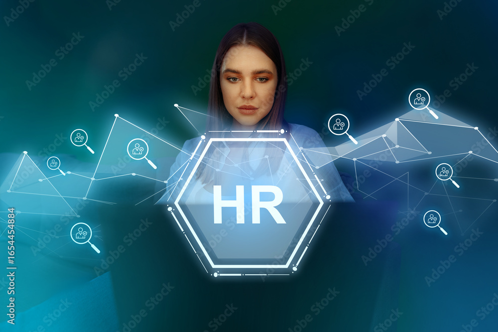 Poster human resources management with technology integration and data visualization by a business professi