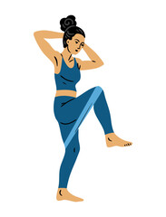 Flat vector illustration of a young woman doing standing crunch exercise with resistance band on legs. Fitness workout for abs and legs. Isolated on white background